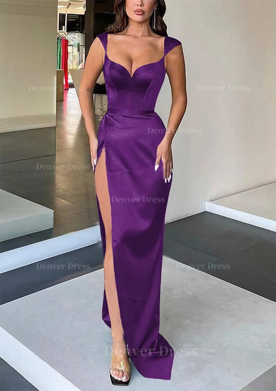 Sheath/Column Sweetheart Sleeveless Long/Floor-Length Satin Evening Dress With Split