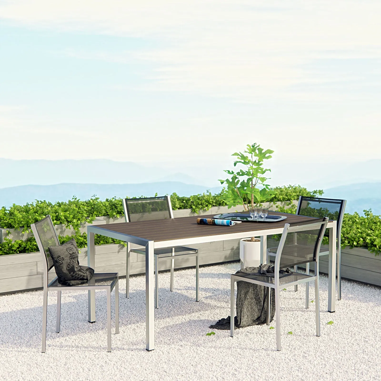 Shore 5 Piece Outdoor Patio Aluminum Dining Set Silver Black EEI-2482-SLV-BLK-SET