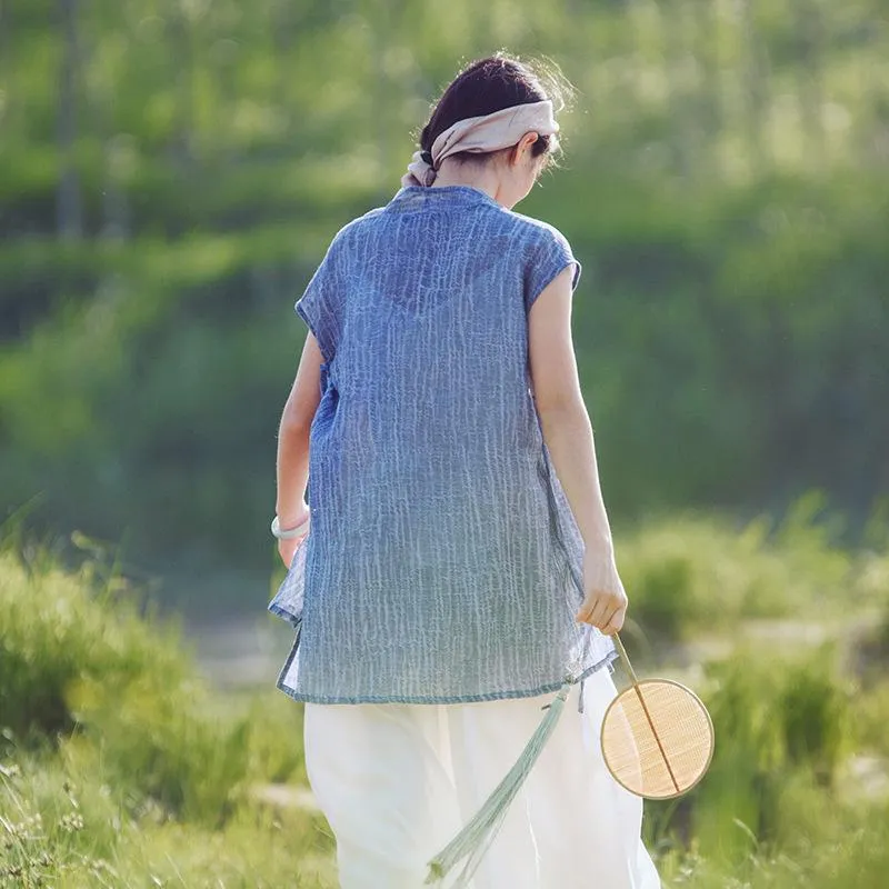 Short Sleeve Blue Wrap Linen Cardigan  | Zen