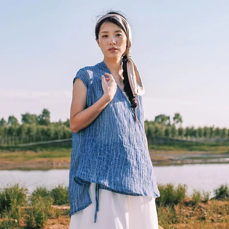 Short Sleeve Blue Wrap Linen Cardigan  | Zen