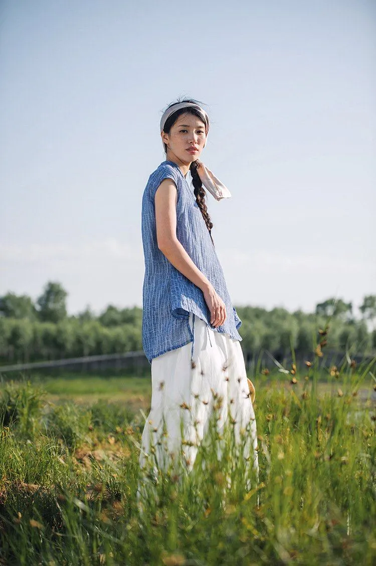 Short Sleeve Blue Wrap Linen Cardigan  | Zen