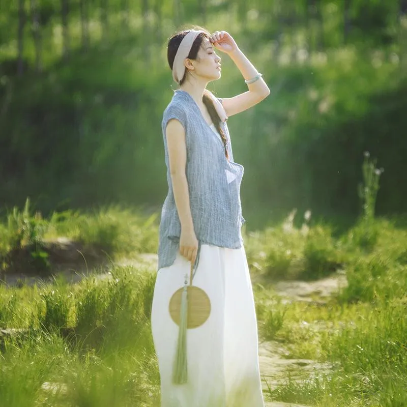 Short Sleeve Blue Wrap Linen Cardigan  | Zen