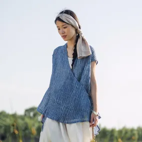 Short Sleeve Blue Wrap Linen Cardigan  | Zen