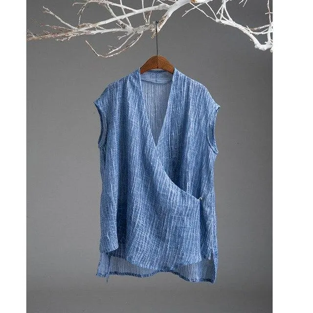 Short Sleeve Blue Wrap Linen Cardigan  | Zen