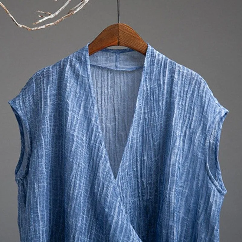 Short Sleeve Blue Wrap Linen Cardigan  | Zen