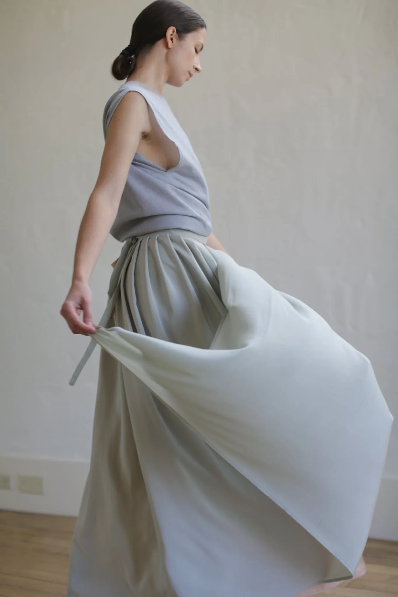 Silk Reversible Pleated Long Wrap Skirt | Celadon/Blush