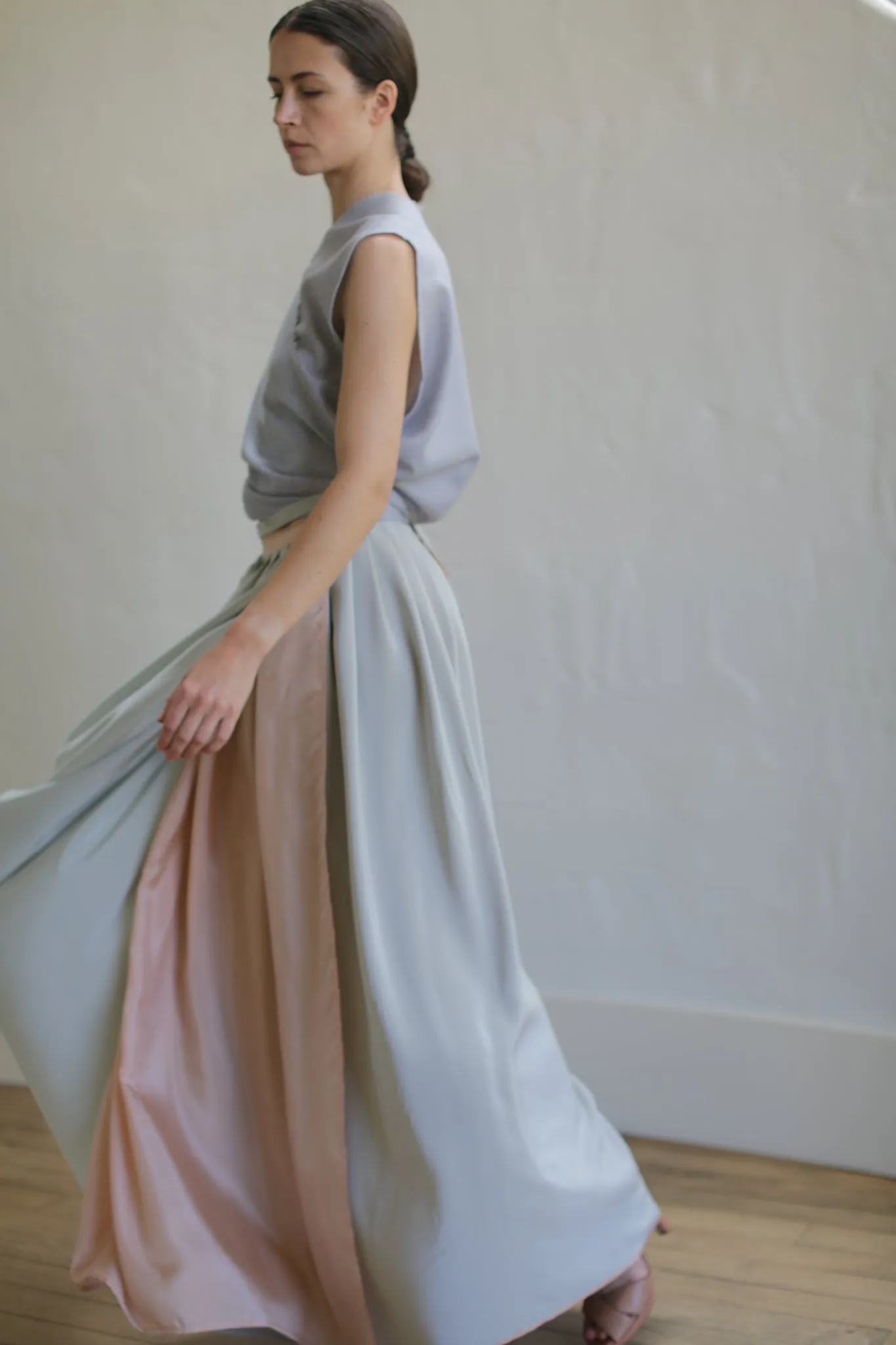 Silk Reversible Pleated Long Wrap Skirt | Celadon/Blush