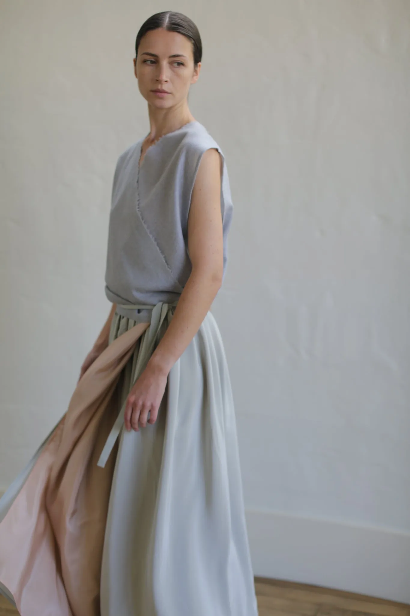 Silk Reversible Pleated Long Wrap Skirt | Celadon/Blush