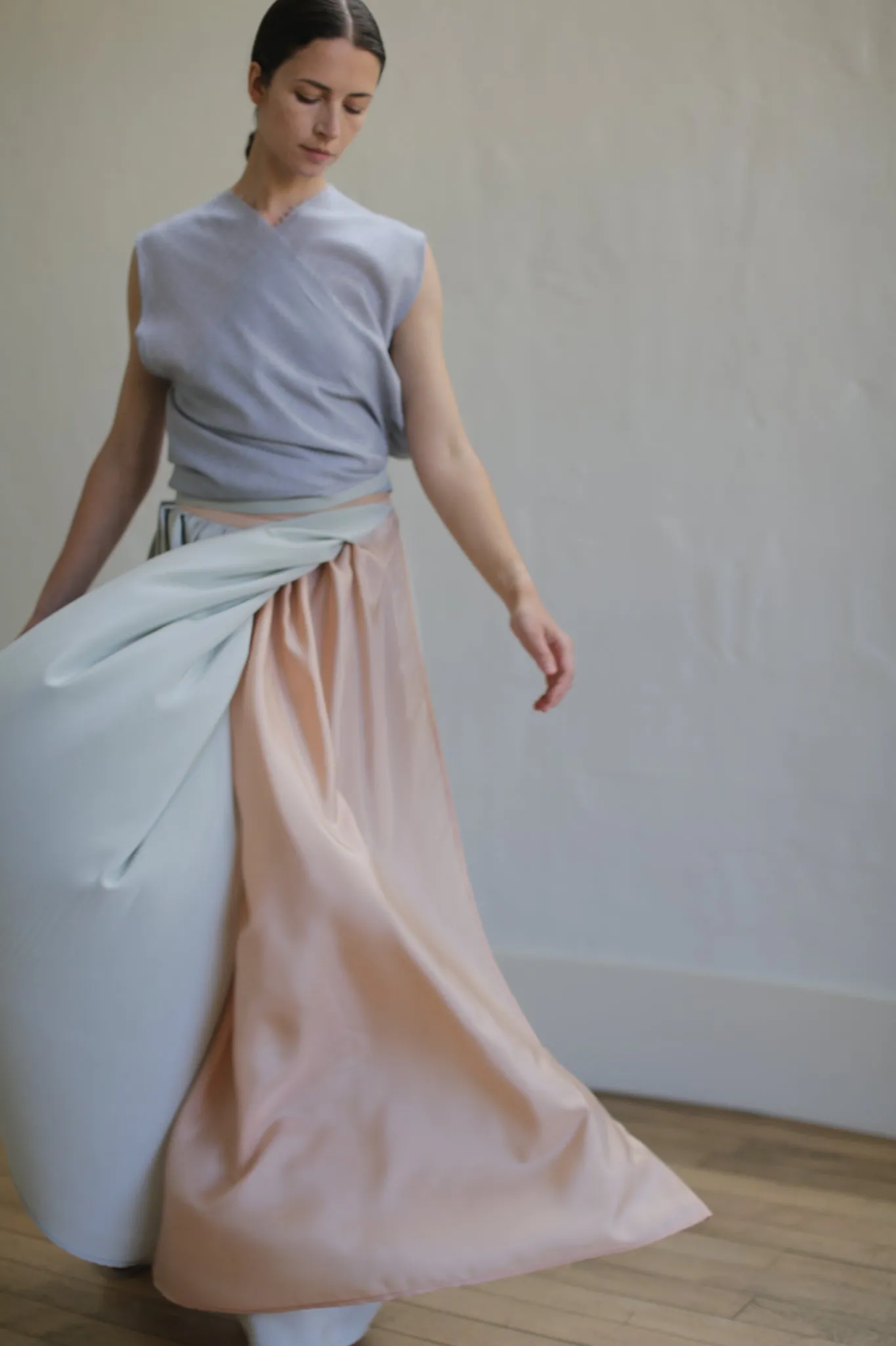 Silk Reversible Pleated Long Wrap Skirt | Celadon/Blush