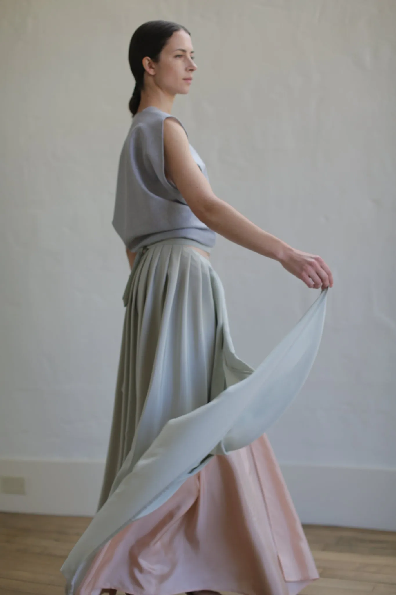 Silk Reversible Pleated Long Wrap Skirt | Celadon/Blush