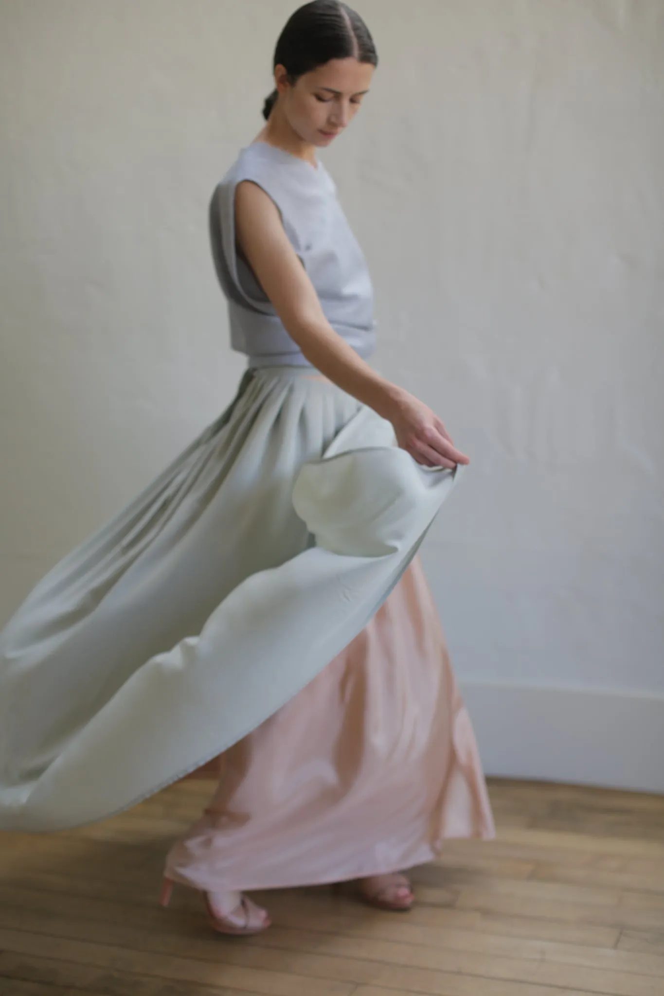 Silk Reversible Pleated Long Wrap Skirt | Celadon/Blush