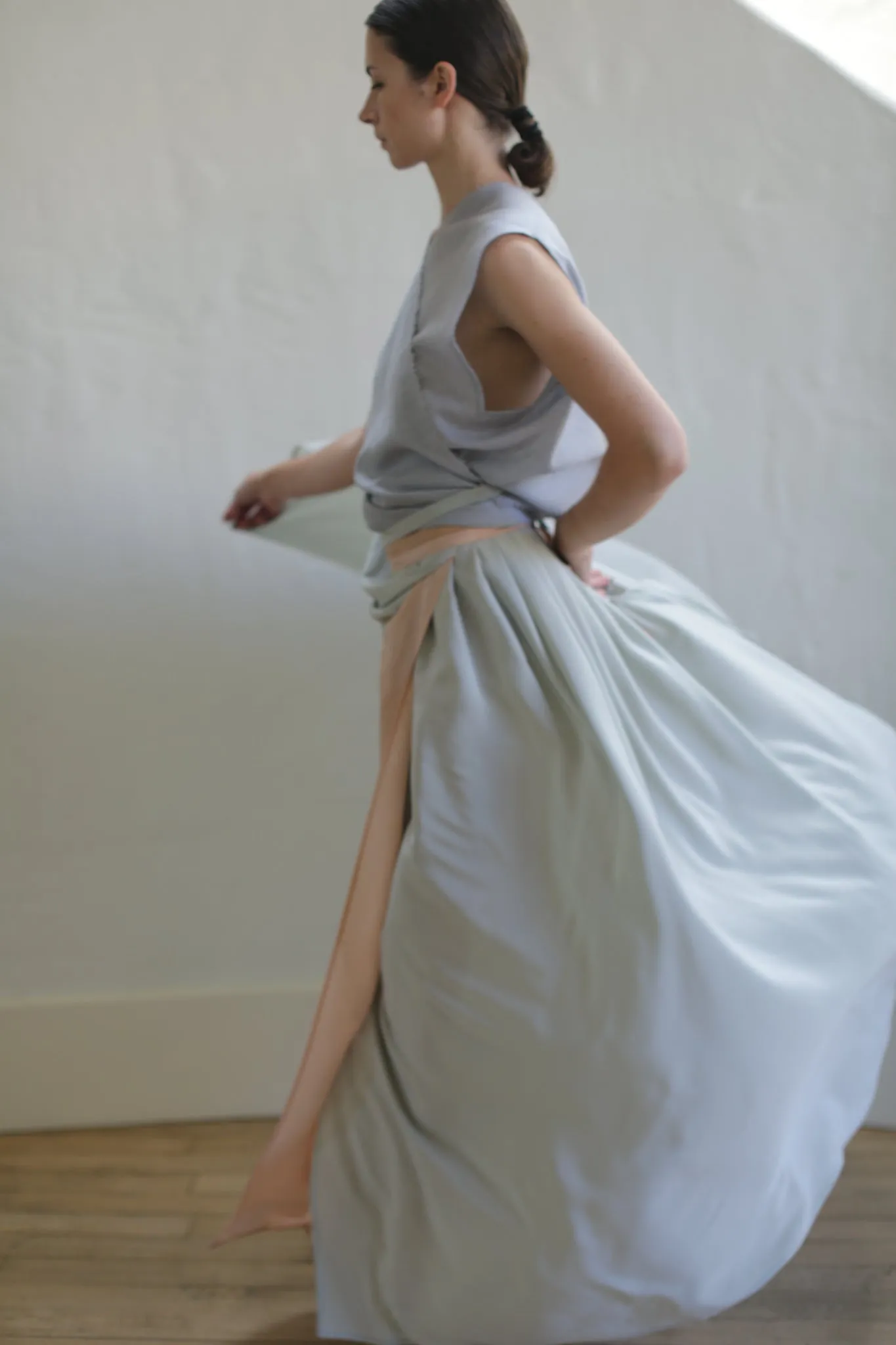 Silk Reversible Pleated Long Wrap Skirt | Celadon/Blush