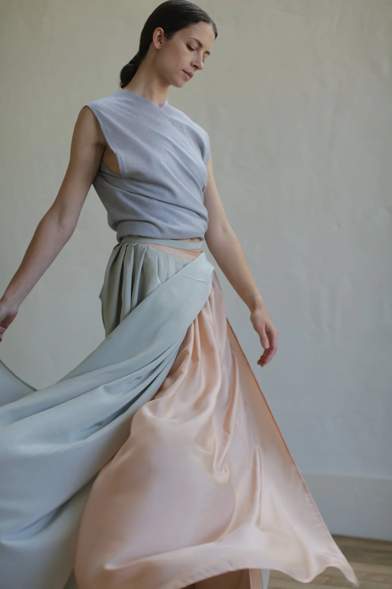 Silk Reversible Pleated Long Wrap Skirt | Celadon/Blush