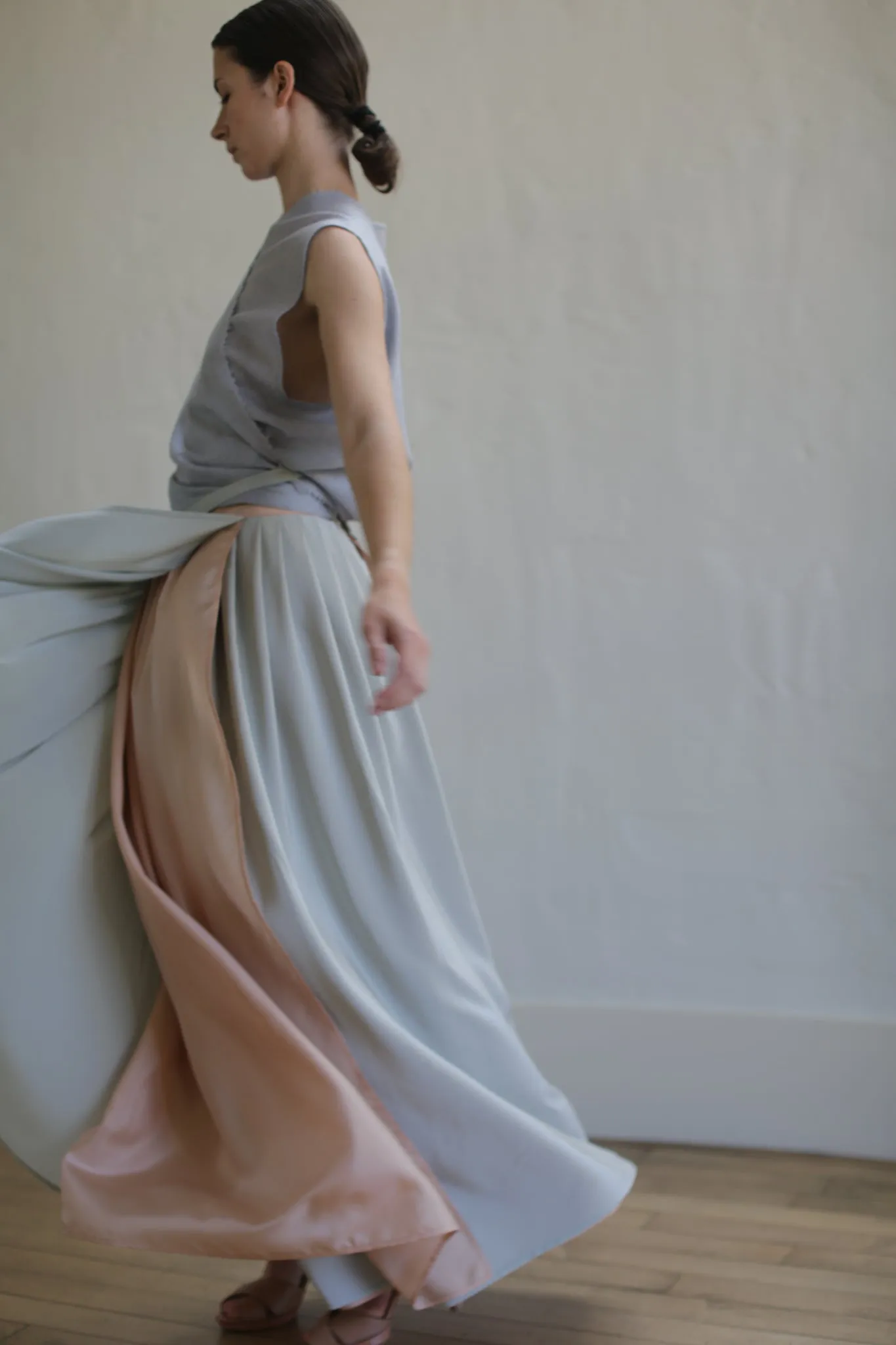 Silk Reversible Pleated Long Wrap Skirt | Celadon/Blush