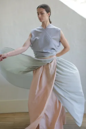 Silk Reversible Pleated Long Wrap Skirt | Celadon/Blush