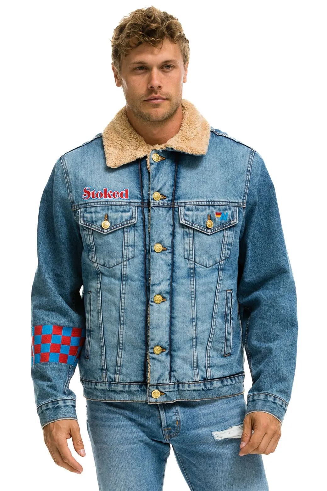 SMALL STOKED BOLT SMILEY RANCH SHERPA DENIM JACKET - SUPER LIGHT