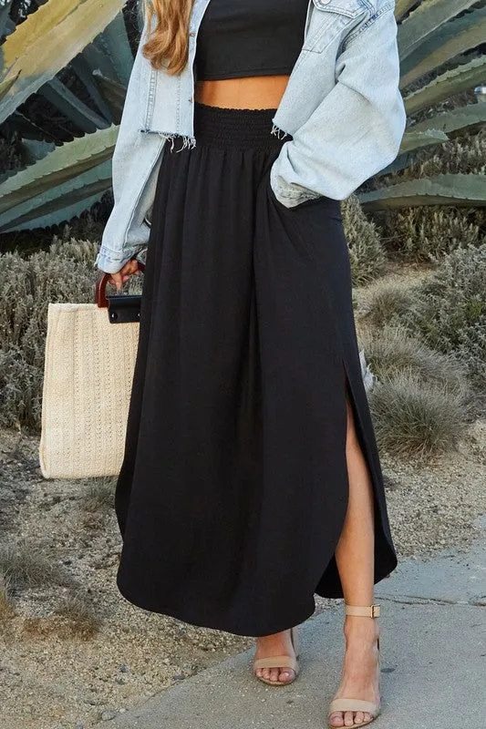 Smocking Waist Maxi Skirt - black and blue