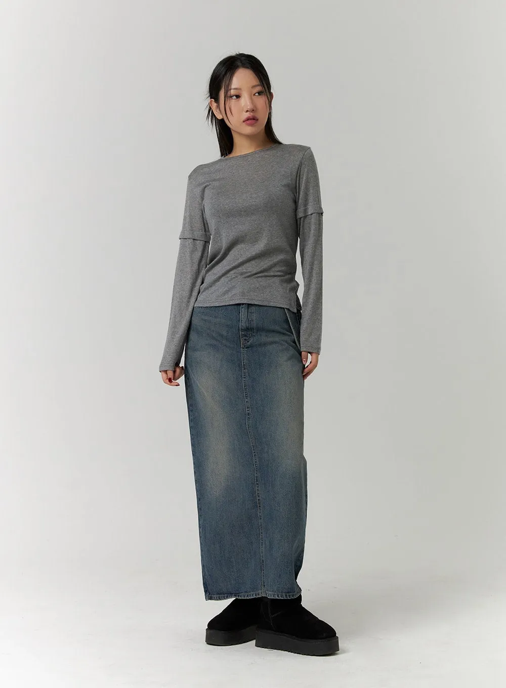 Solid Denim Maxi Skirt CD315