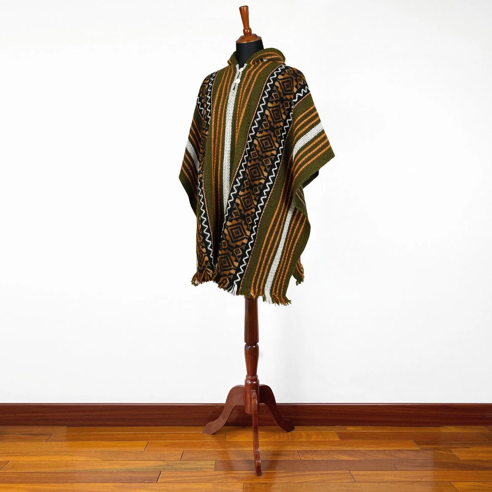 Sozoranga - Llama Wool Unisex South American Handwoven Hooded Poncho - khaki green/orange/off-white stripes with diamonds pattern