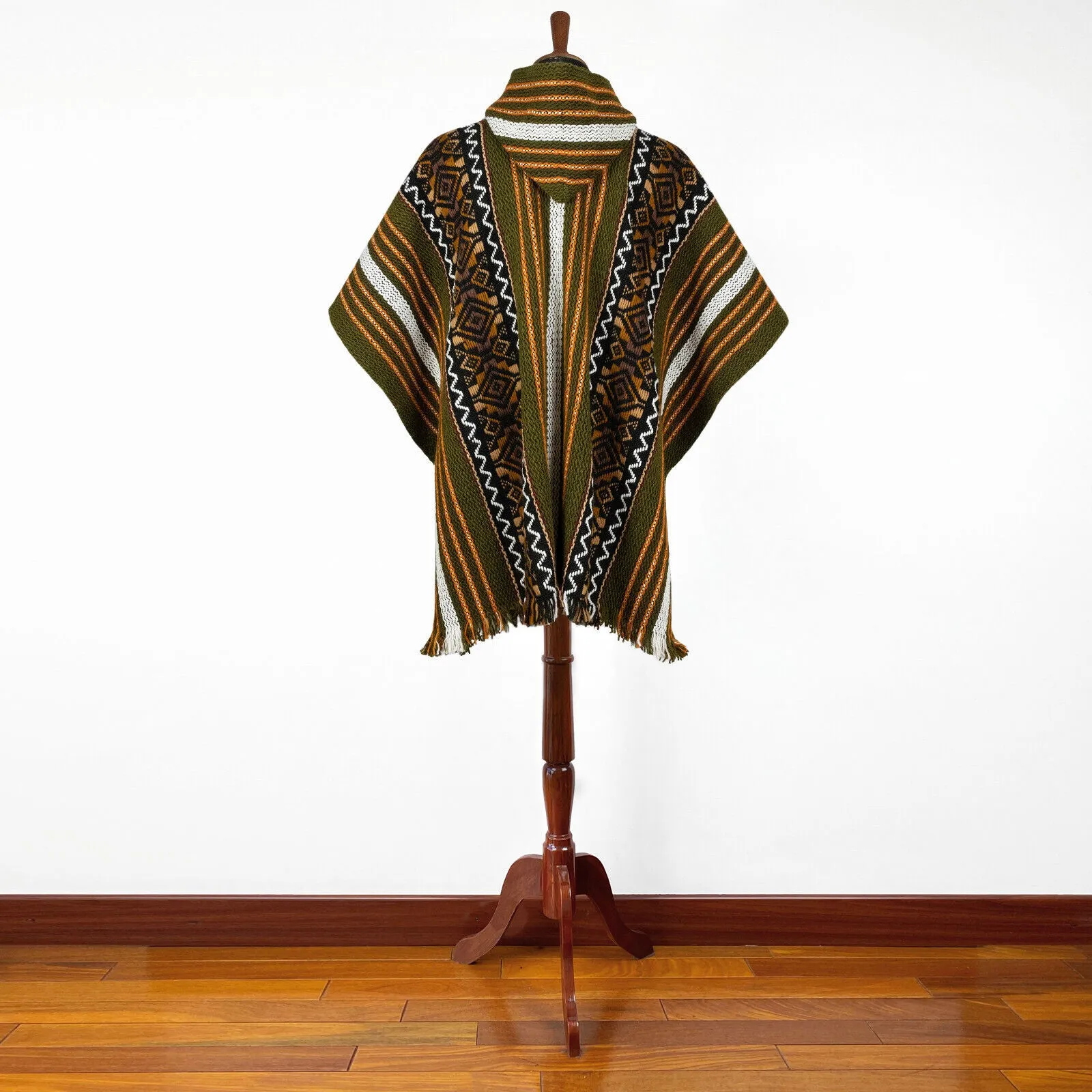 Sozoranga - Llama Wool Unisex South American Handwoven Hooded Poncho - khaki green/orange/off-white stripes with diamonds pattern