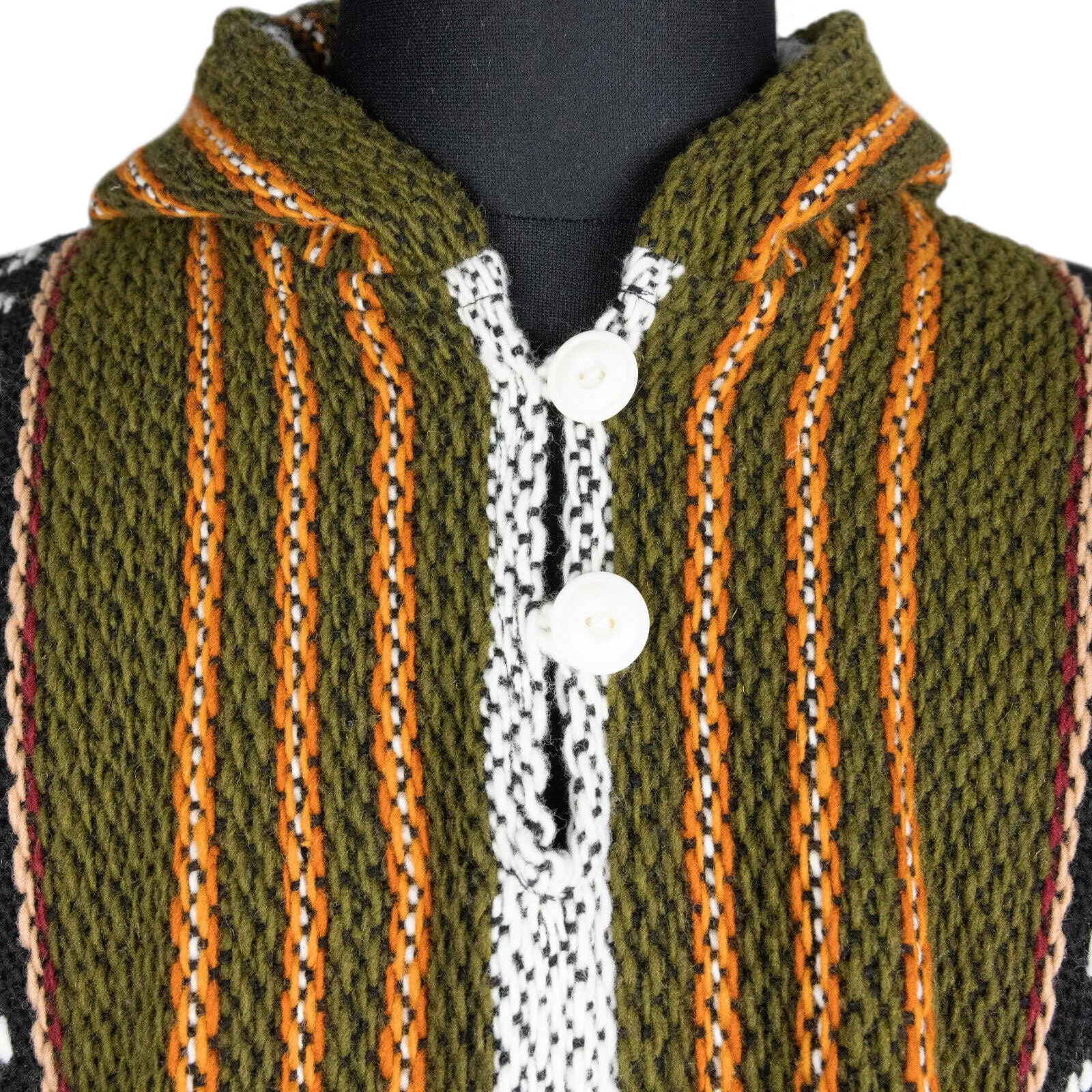 Sozoranga - Llama Wool Unisex South American Handwoven Hooded Poncho - khaki green/orange/off-white stripes with diamonds pattern