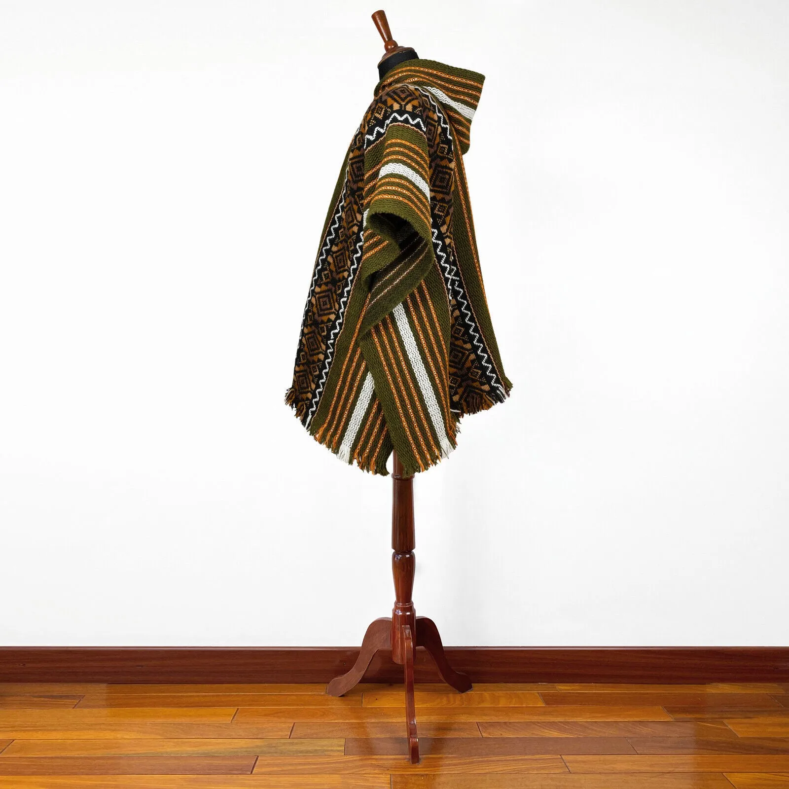 Sozoranga - Llama Wool Unisex South American Handwoven Hooded Poncho - khaki green/orange/off-white stripes with diamonds pattern