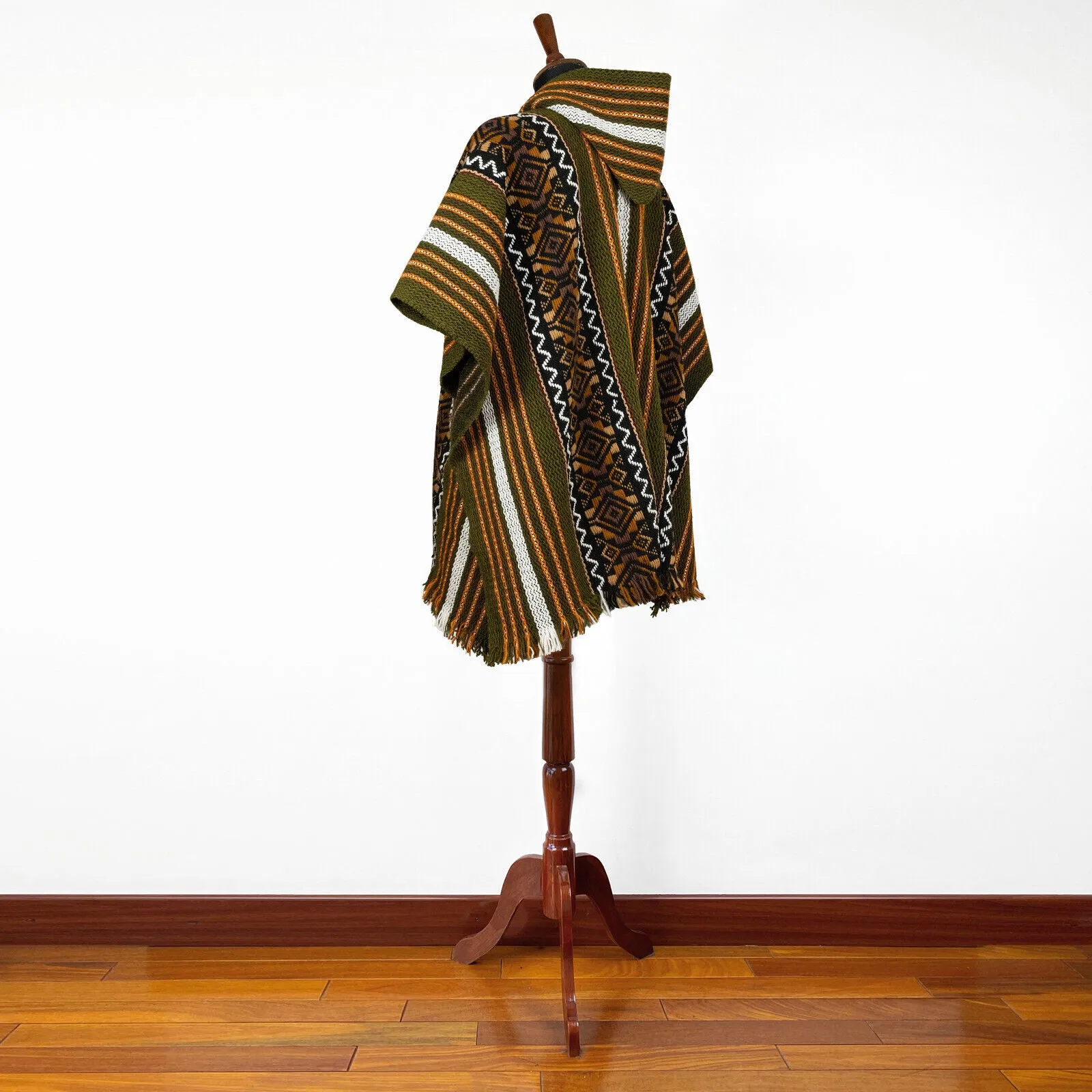 Sozoranga - Llama Wool Unisex South American Handwoven Hooded Poncho - khaki green/orange/off-white stripes with diamonds pattern