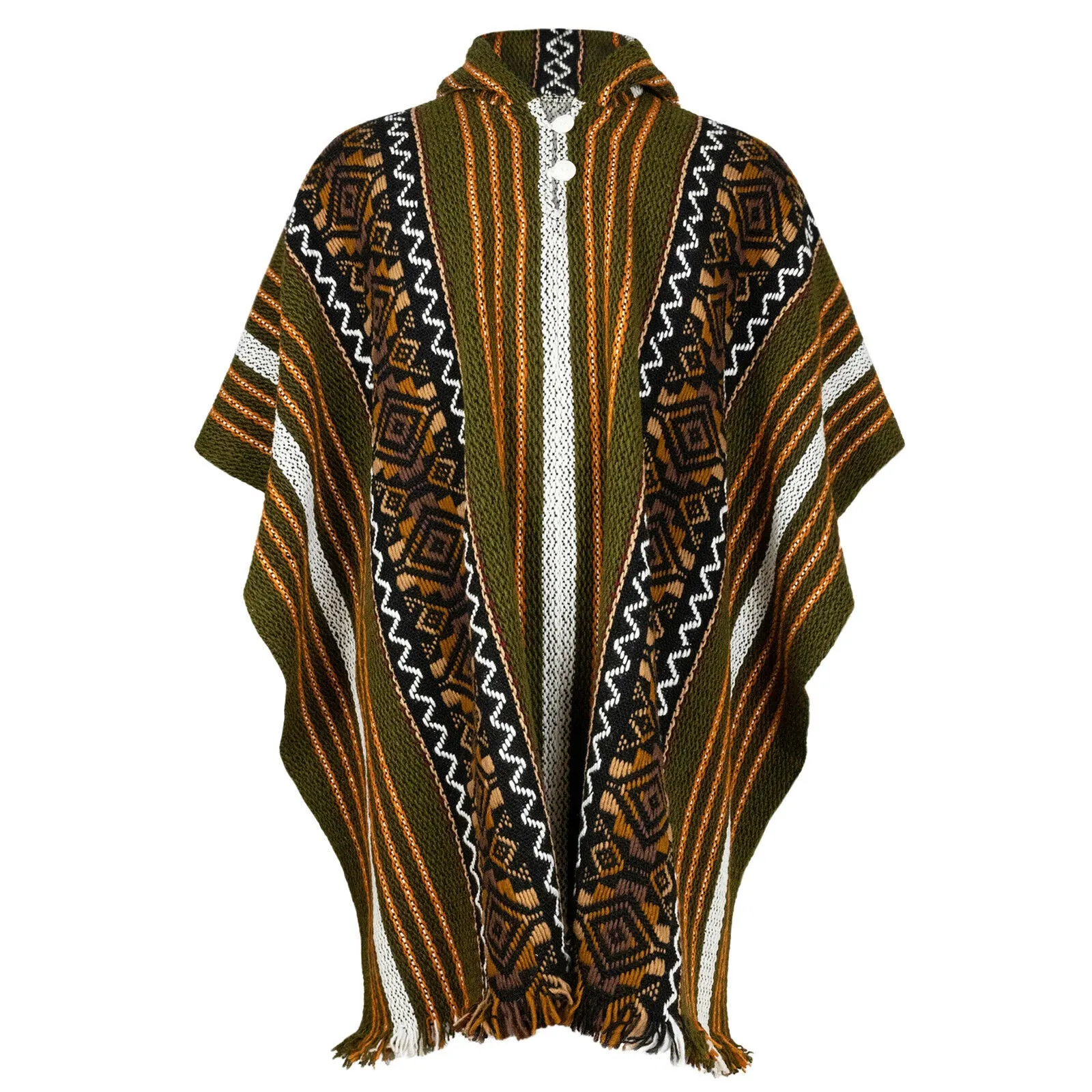 Sozoranga - Llama Wool Unisex South American Handwoven Hooded Poncho - khaki green/orange/off-white stripes with diamonds pattern