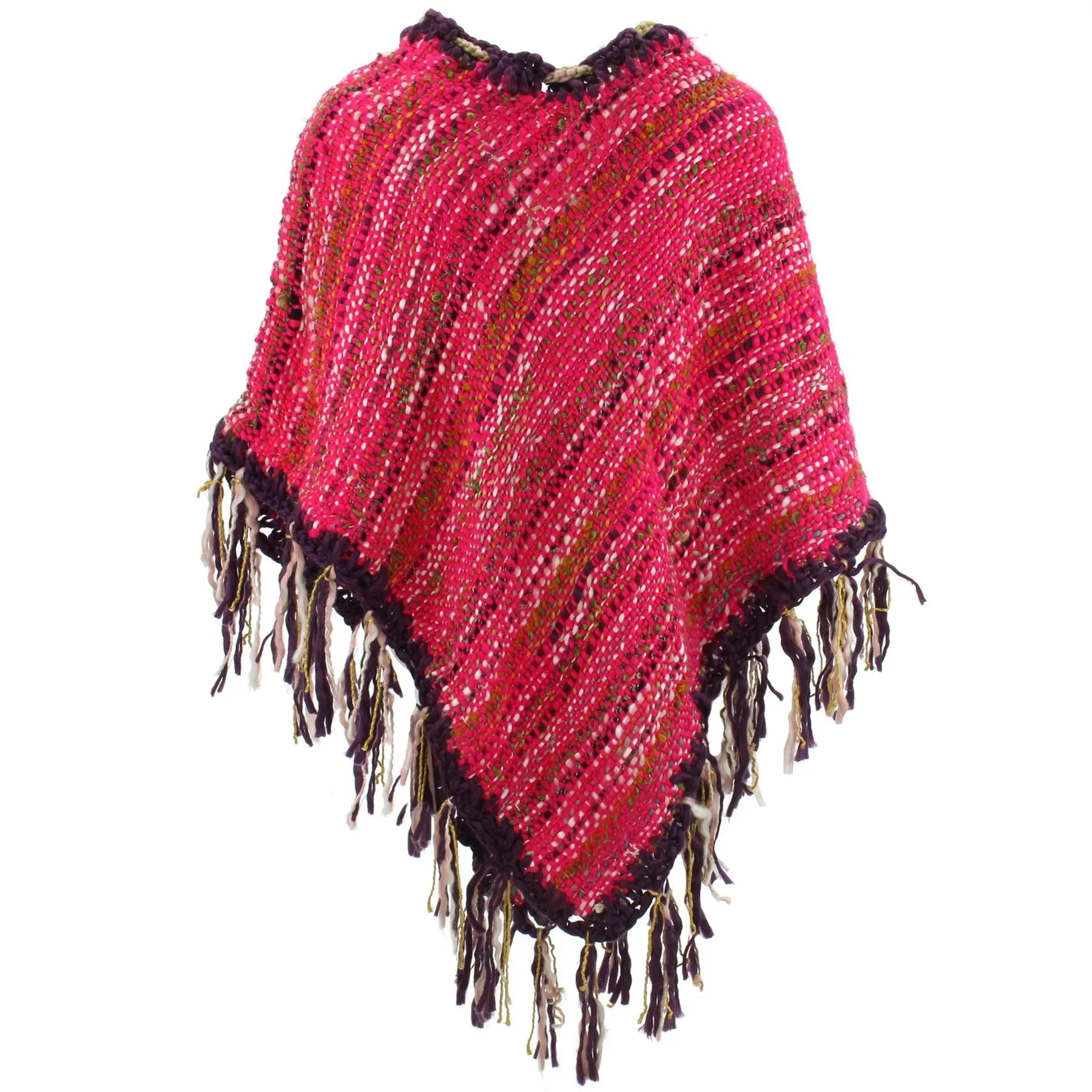 Stripe Crochet Poncho Long - Pink