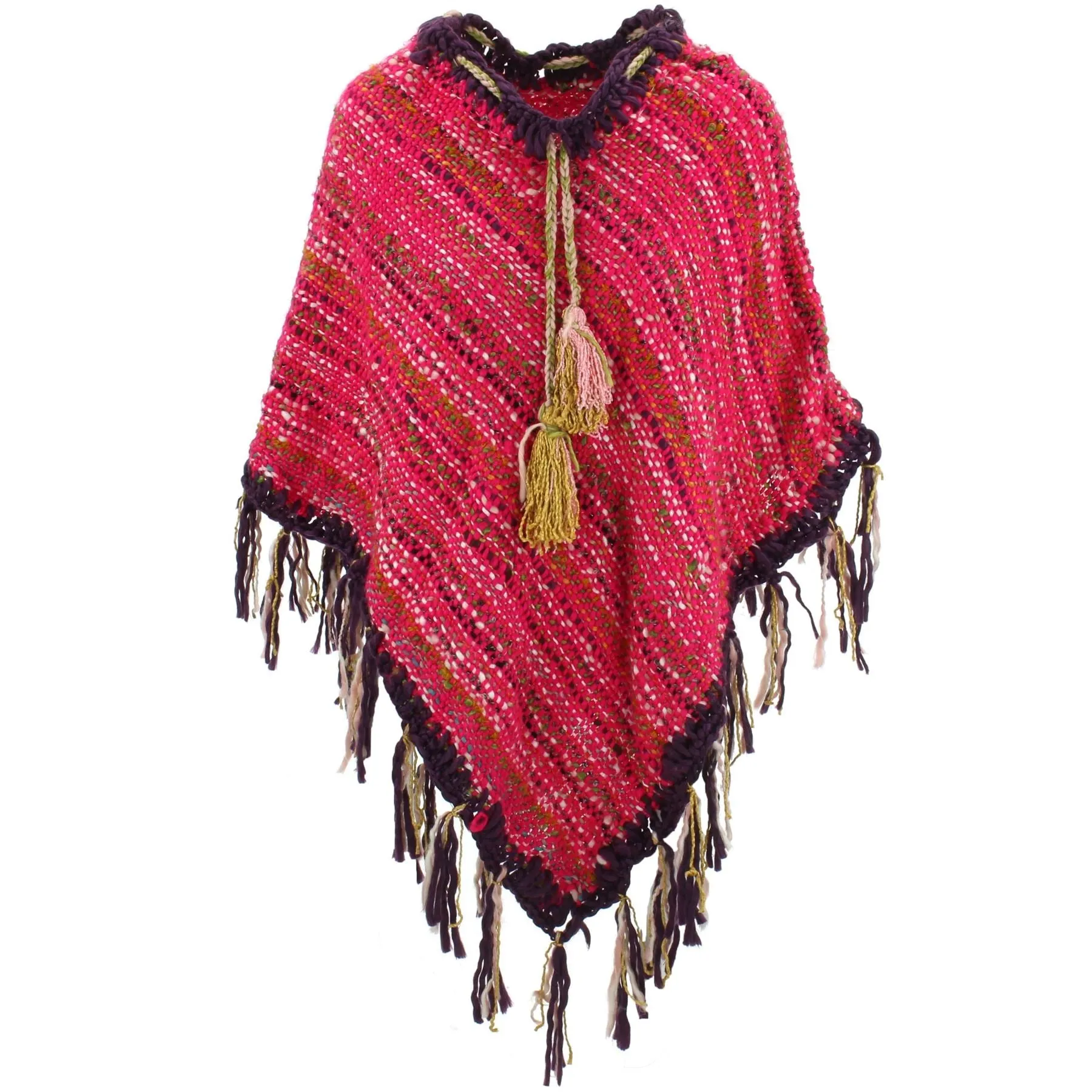 Stripe Crochet Poncho Long - Pink