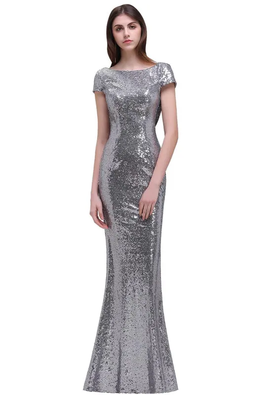 Stunning Glitter Seuquined Mermaid Prom Dress Cap Sleeves Trumpet Floor Length Evening Dress