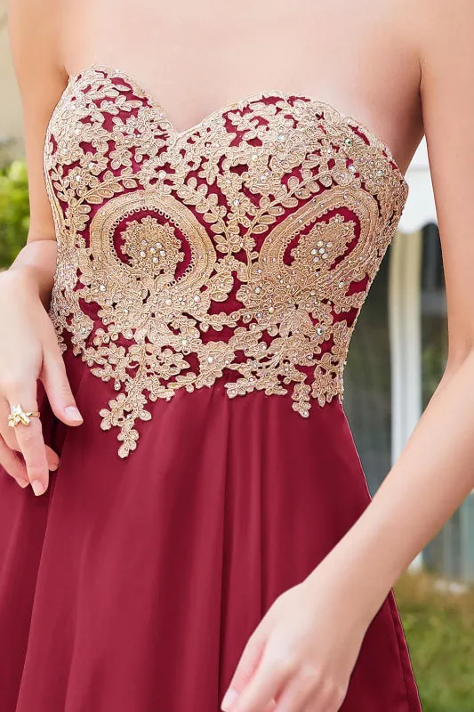 Stunning Strapless Chiffon Knee Length Homecoming Dress Gold Appliques Mini Party Wear Dress