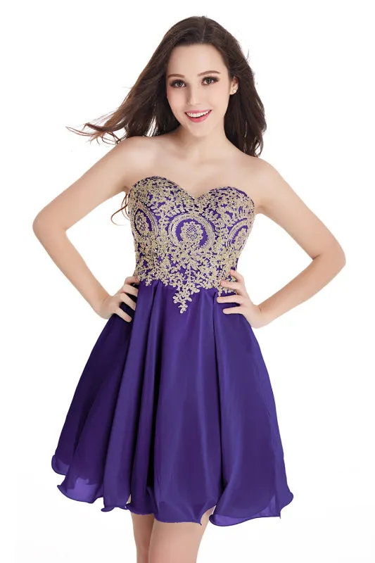 Stunning Strapless Chiffon Knee Length Homecoming Dress Gold Appliques Mini Party Wear Dress