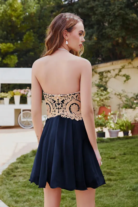 Stunning Strapless Chiffon Knee Length Homecoming Dress Gold Appliques Mini Party Wear Dress