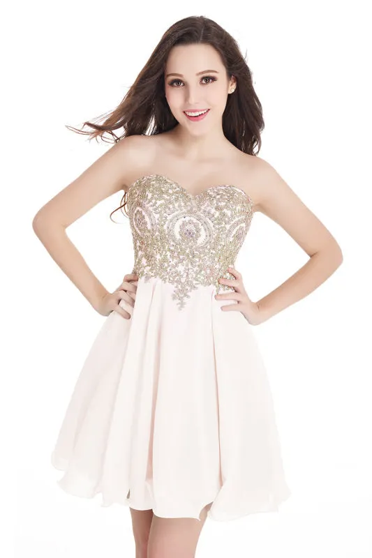 Stunning Strapless Chiffon Knee Length Homecoming Dress Gold Appliques Mini Party Wear Dress