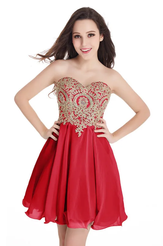 Stunning Strapless Chiffon Knee Length Homecoming Dress Gold Appliques Mini Party Wear Dress