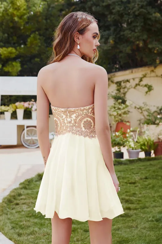 Stunning Strapless Chiffon Knee Length Homecoming Dress Gold Appliques Mini Party Wear Dress