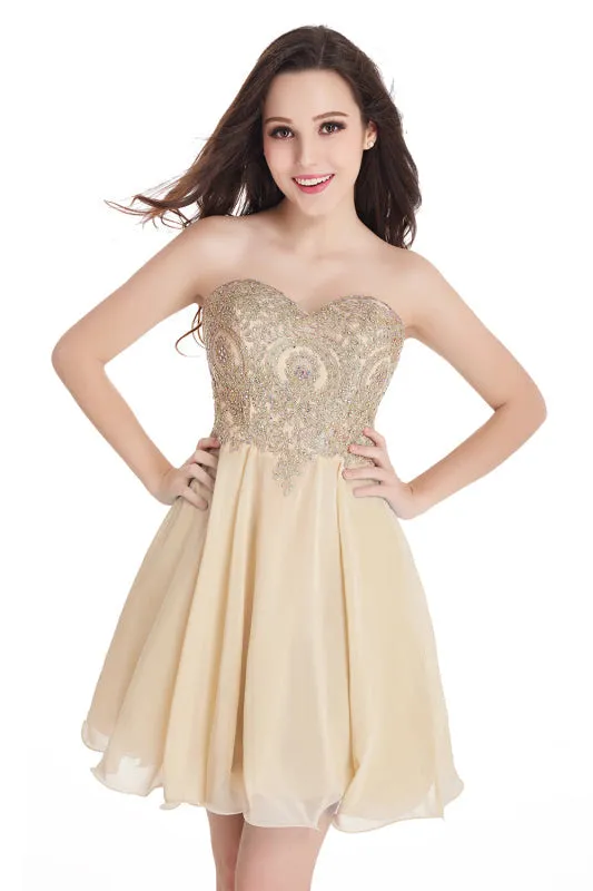 Stunning Strapless Chiffon Knee Length Homecoming Dress Gold Appliques Mini Party Wear Dress