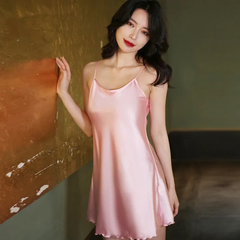 Summer Women's Pajamas Sleepwear Sling Dress Sexy S Body Silk Like Nightwear Home Wear Clothes Fashion Inside Erotic Nightdress