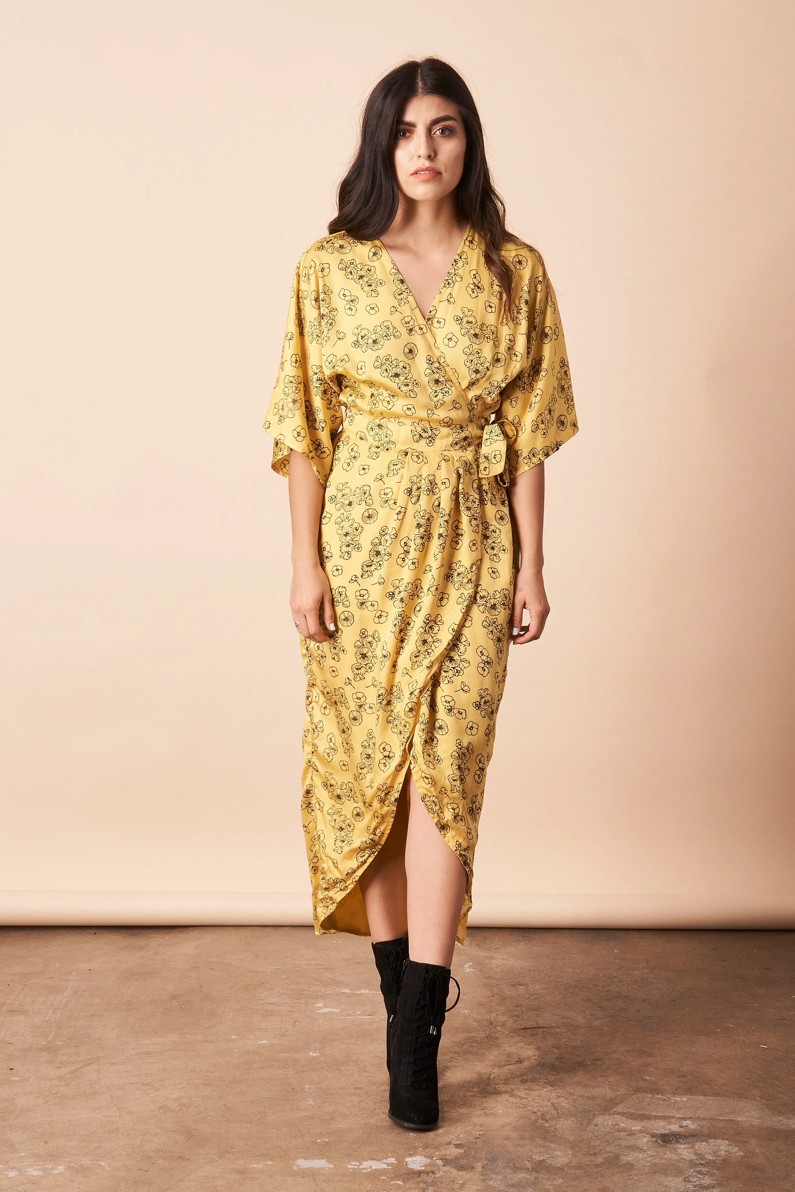 Tattoo Floral Maxi Wrap in Citron   Black