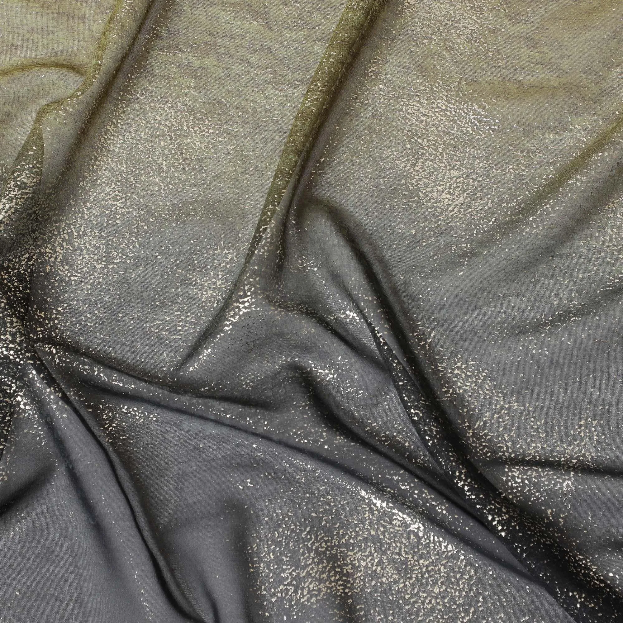 Tea green to black synthetic chiffon fabric having gold metallic foil in ombre design-D10656