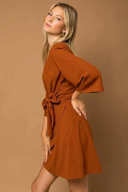 TEEK - Brown Kimono Sleeve Tie Wrap Dress