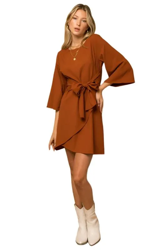 TEEK - Brown Kimono Sleeve Tie Wrap Dress