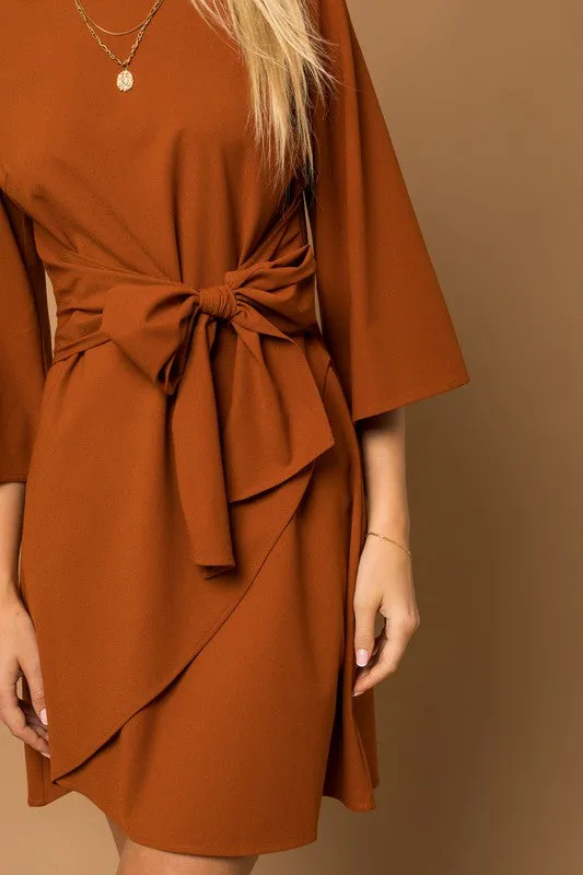 TEEK - Brown Kimono Sleeve Tie Wrap Dress