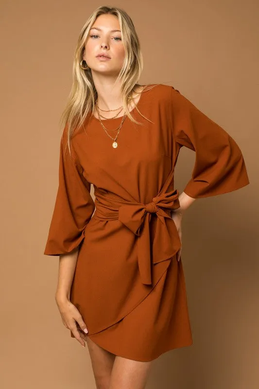 TEEK - Brown Kimono Sleeve Tie Wrap Dress