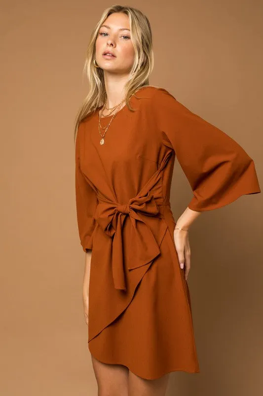 TEEK - Brown Kimono Sleeve Tie Wrap Dress