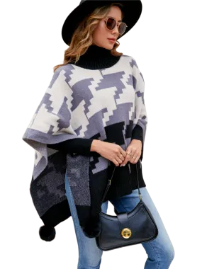 Turtleneck Pom-Pom Trim Poncho