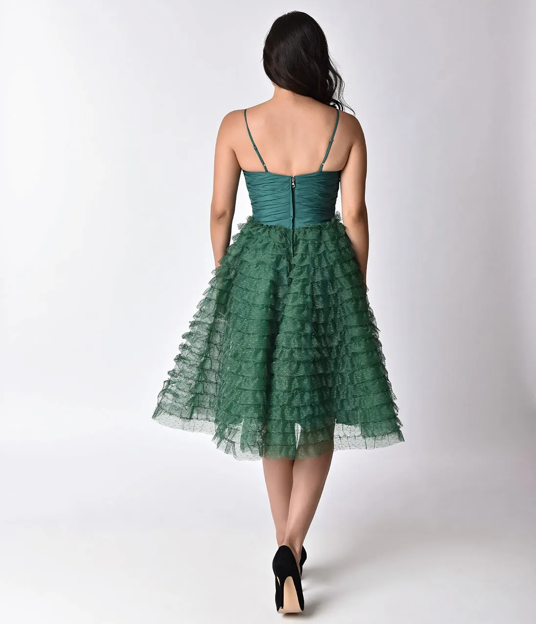 Unique Vintage 1950s Emerald Green Ruffled Tulle Sweetheart Cupcake Swing Dress