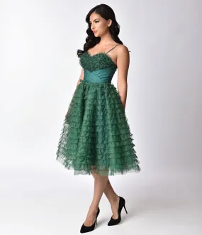 Unique Vintage 1950s Emerald Green Ruffled Tulle Sweetheart Cupcake Swing Dress