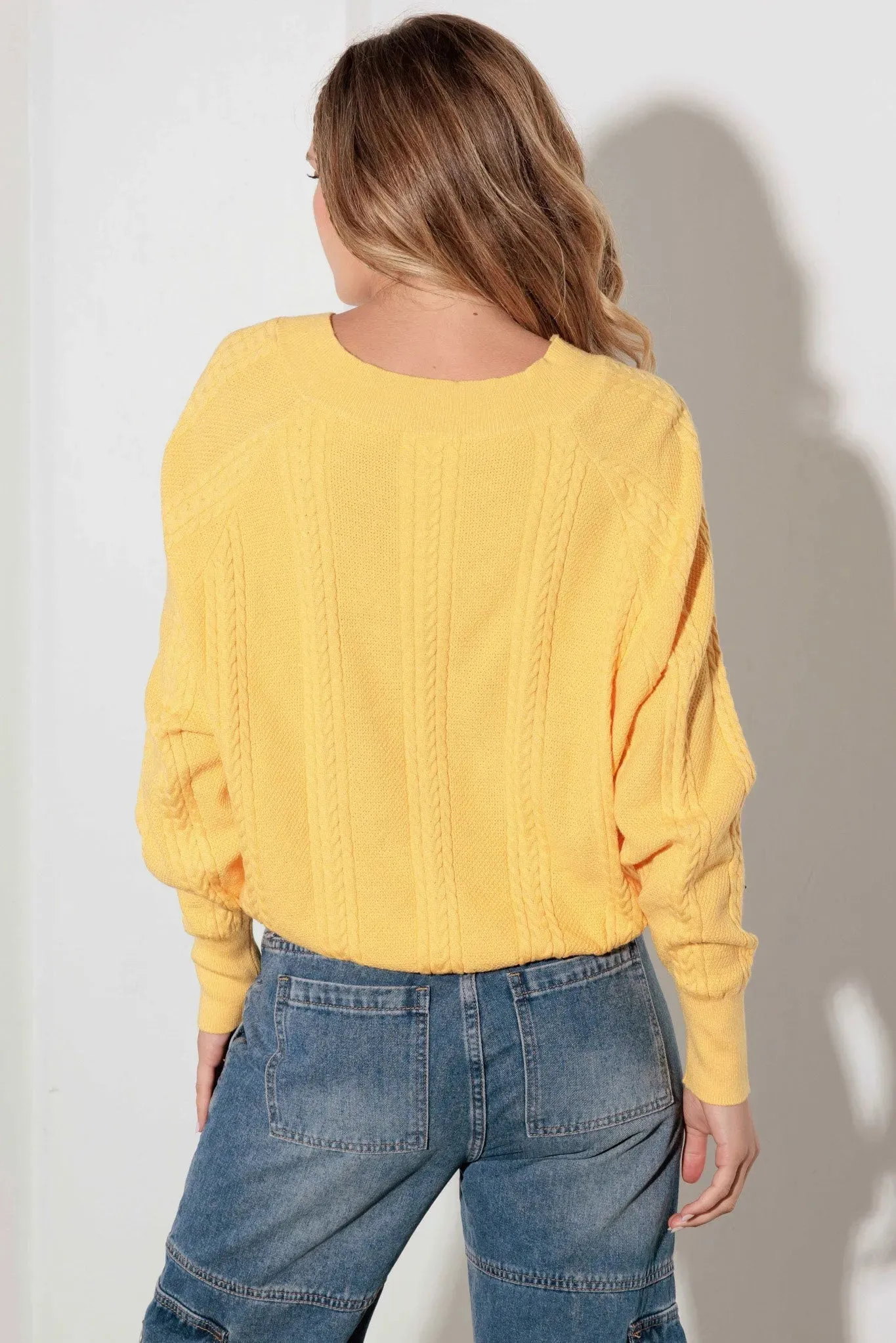 V-Neck Cable Pattern Crop Long Sleeve Sweater